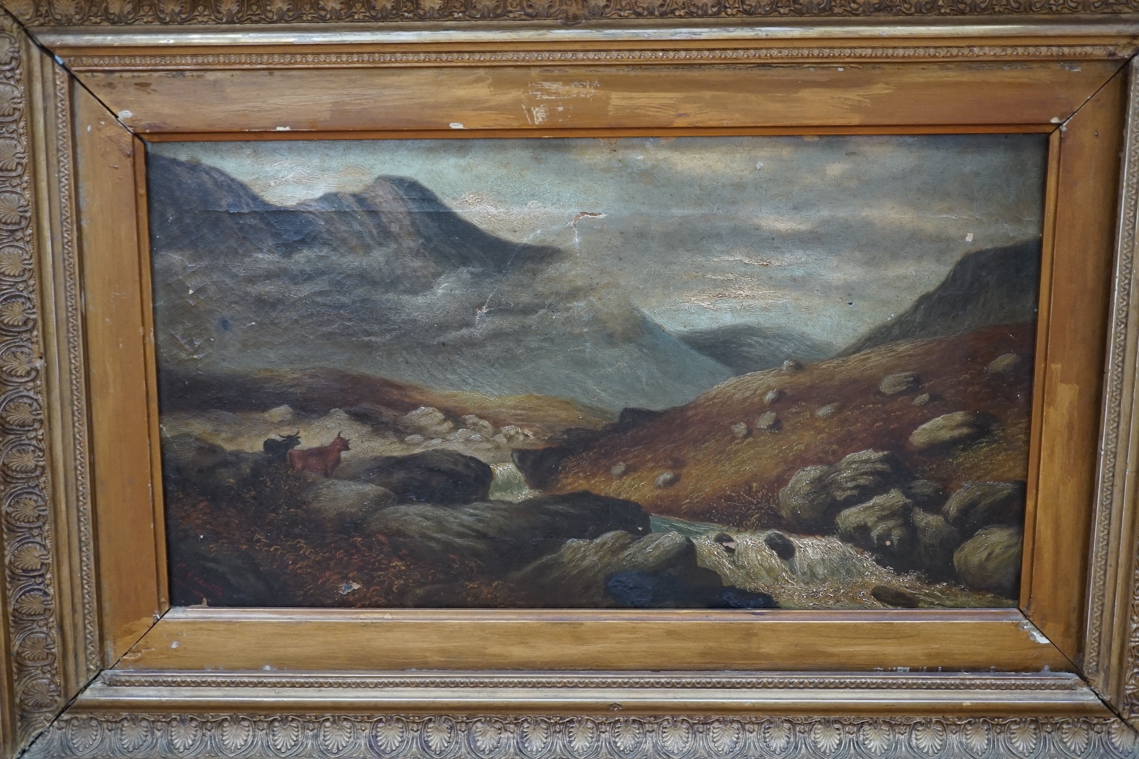 19th century, two oils on canvas, Scottish landscapes with highland cattle, one by David Hicks (19th century), signed, largest 24 x 44cm. Condition - poor to fair